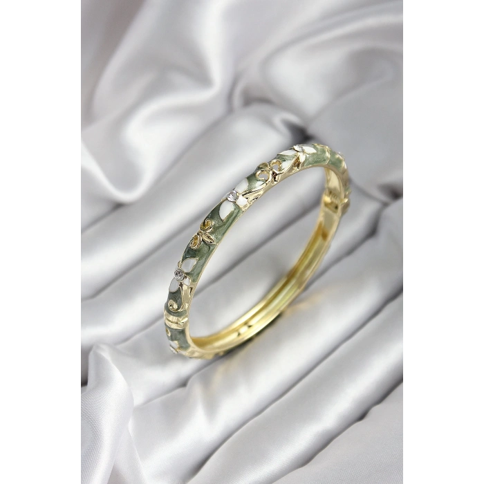 Mineli Pirinç Yeşil Çiçek Desenli Zirkon Taşlı Gold Renk Kadın Kelepçe (çap 60 mm)