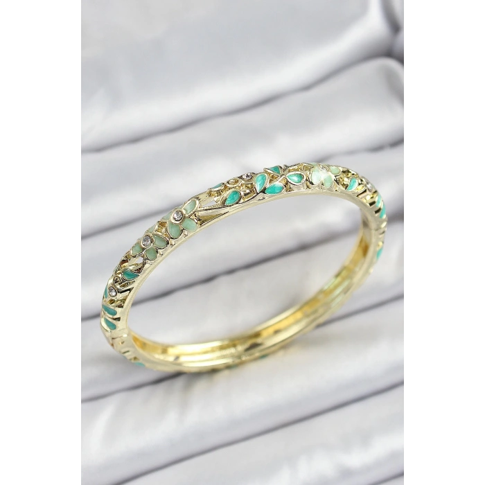 Mineli Pirinç Yeşil Çiçek Motifli Kadın Kelepçe