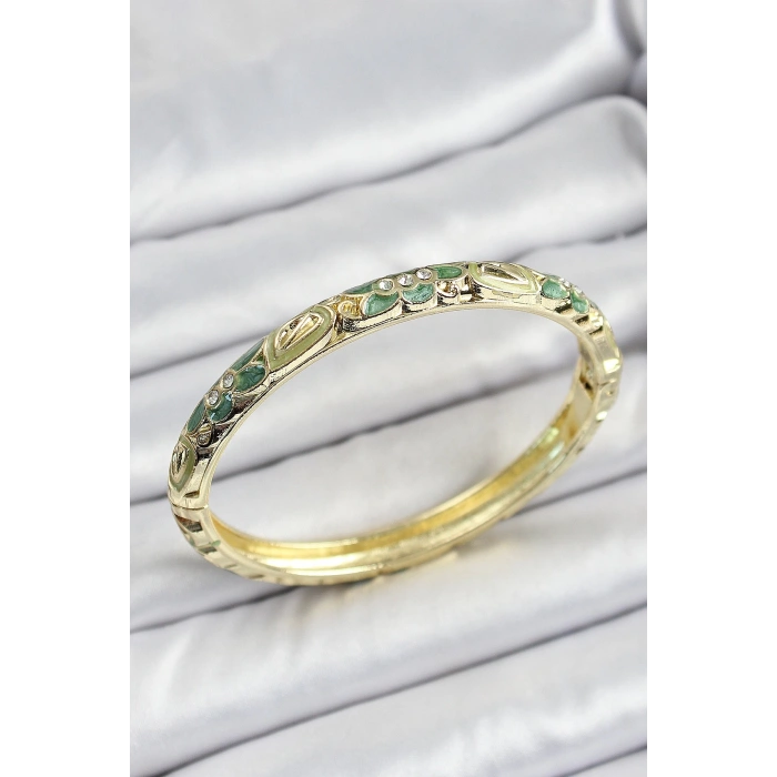 Mineli Pirinç Yeşil Çiçek Motifli Kadın Kelepçe