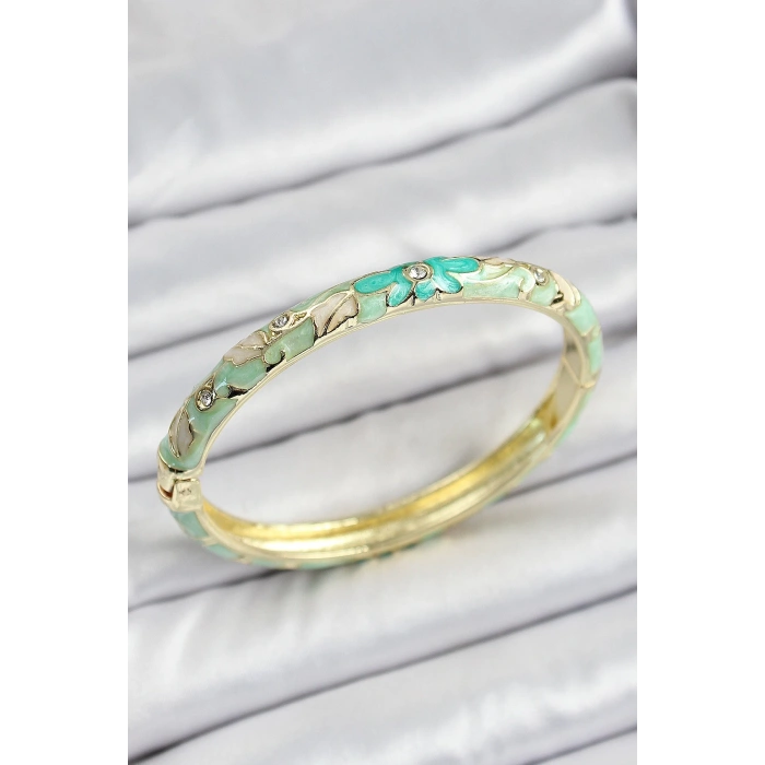 Mineli Pirinç Yeşil Çiçek Motifli Kadın Kelepçe