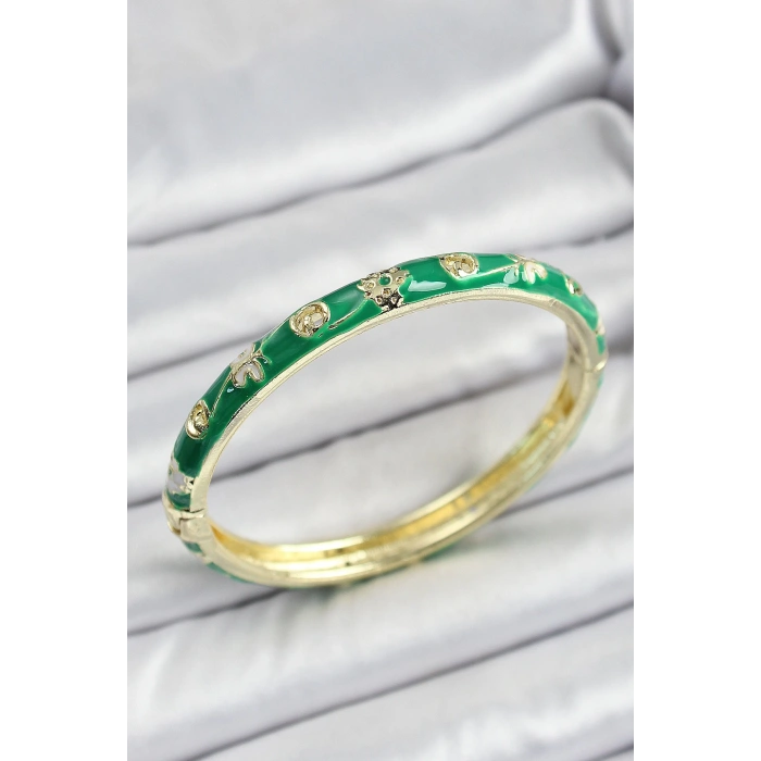 Mineli Pirinç Yeşil Renk Motif Desenli Kadın Kelepçe