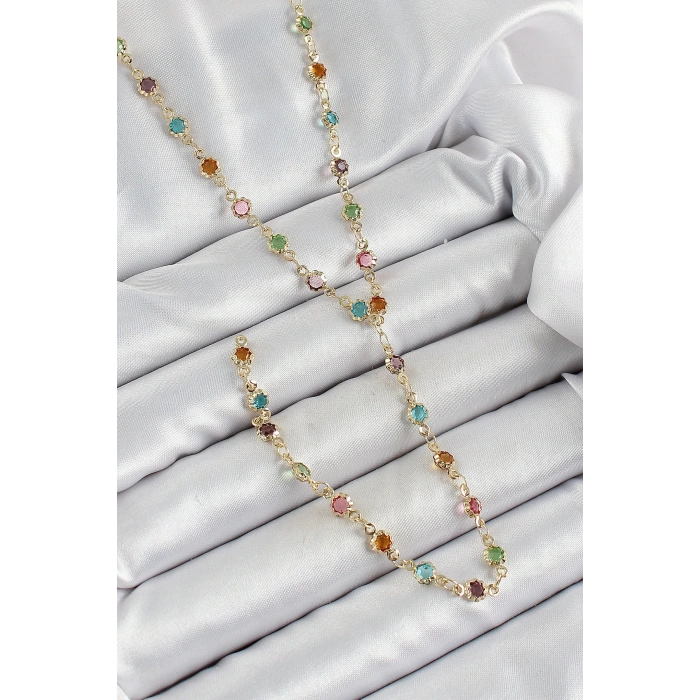 Pirinç Asorti Çiçek Model Gold Renk Zirkon Taşlı Y Kolye