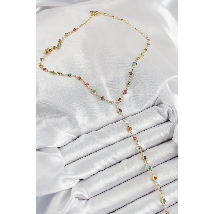 Pirinç Asorti Çiçek Model Gold Renk Zirkon Taşlı Y Kolye