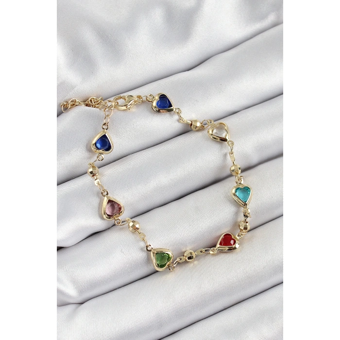 Pirinç Asorti Kalp Model Gold Renk Zirkon Taşlı Kadın Bileklik