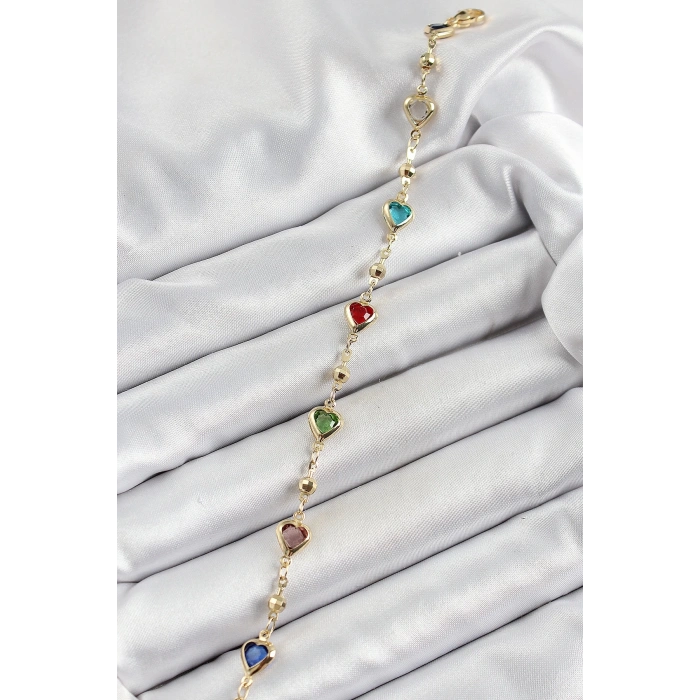 Pirinç Asorti Kalp Model Gold Renk Zirkon Taşlı Kadın Bileklik