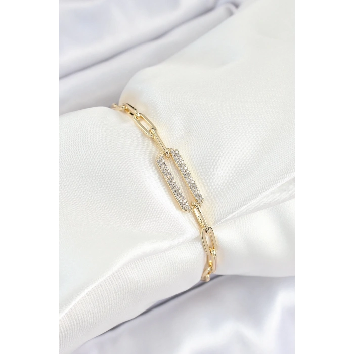 Pirinç  Dikdörtgen Model Zirkon Taşlı Gold Renk VİP Seri Kadın Bileklik