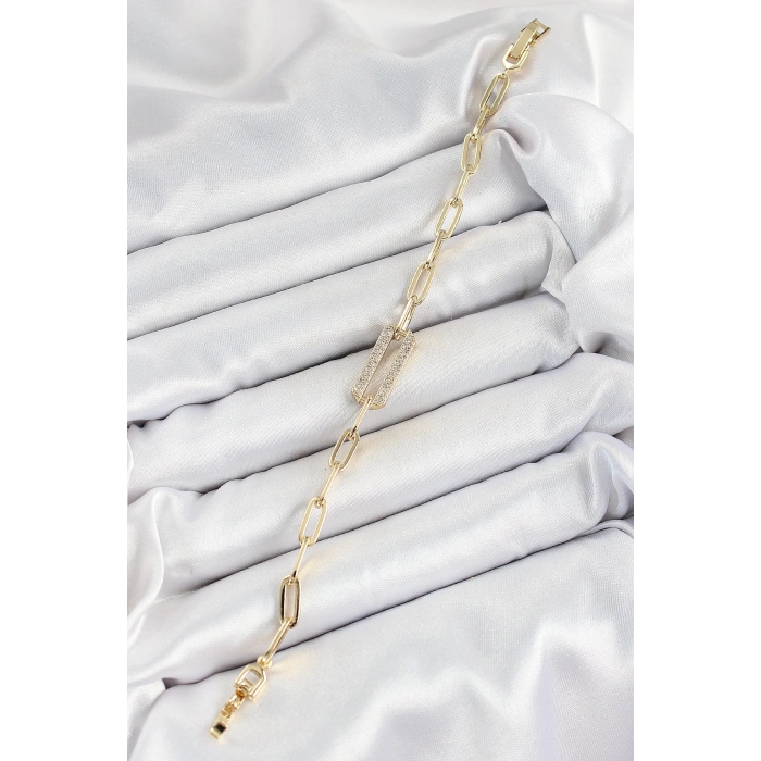 Pirinç  Dikdörtgen Model Zirkon Taşlı Gold Renk VİP Seri Kadın Bileklik