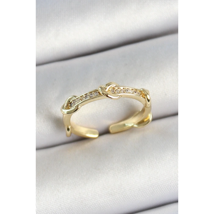 Pirinç Düğüm Figürlü Zirkon Taşlı Gold Renk Ayarlanabilir Kadın Yüzük