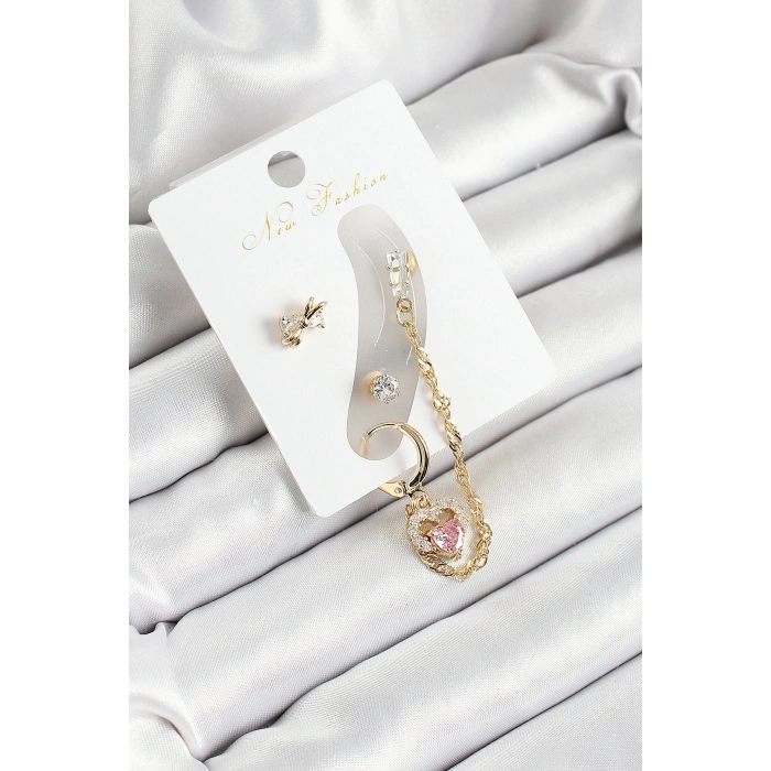 Pirinç Fiyonk ve Kalp Figürlü Zirkon Taşlı Gold Renk 3lü Kıkırdak Kadın Küpe Set