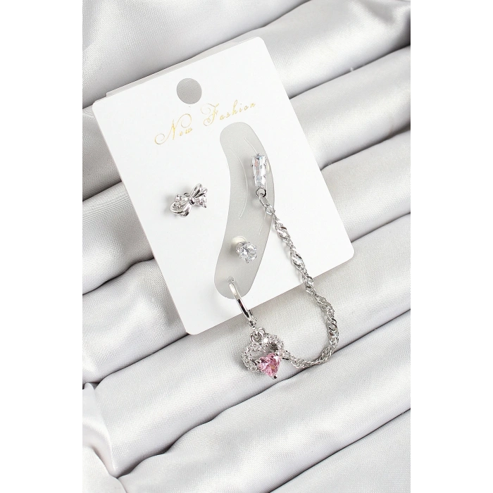 Pirinç Fiyonk ve Kalp Figürlü Zirkon Taşlı Gümüş Renk 3lü Kıkırdak Kadın Küpe Set