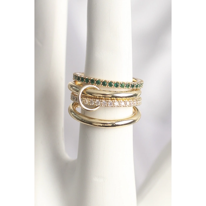 Pirinç God Renk Yeşil Zirkon Taşlı 4Lü Kadın Yüzük