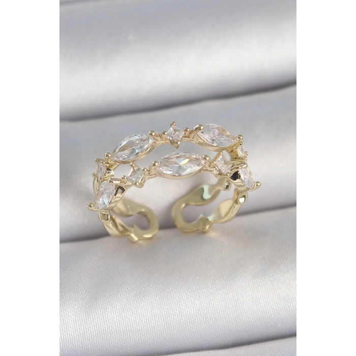 Pirinç Gold Renk 2Li Damla Zirkon Taşlı Ayarlanabilir Kadın Yüzük