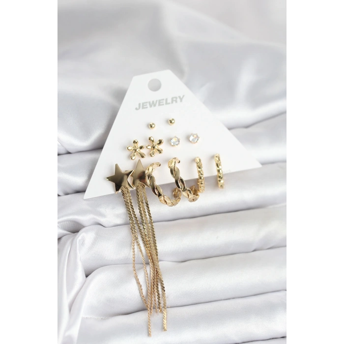 Pirinç Gold Renk 6 Çift Kadın Küpe Seti