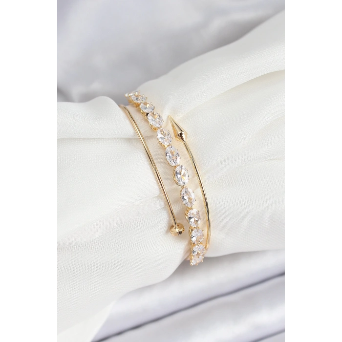Pirinç Gold Renk Arpa Zirkon Taşlı Kadın Bileklik