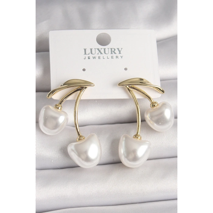 Pirinç Gold Renk Beyaz İnci Kiraz Model Kadın Küpe