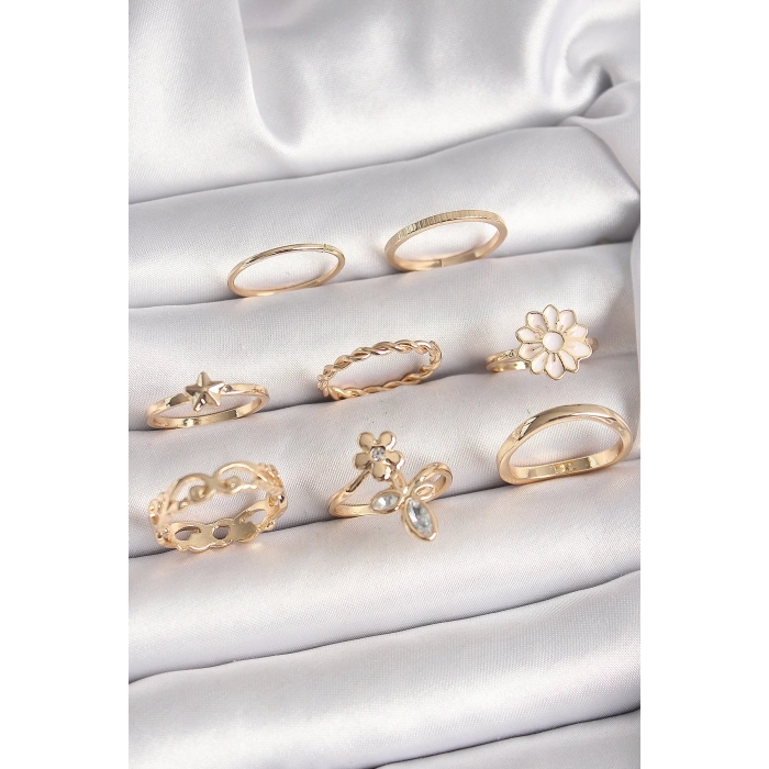 Pirinç Gold Renk Çiçek Model Zirkon Taş Detay Kadın Yüzük Kombini