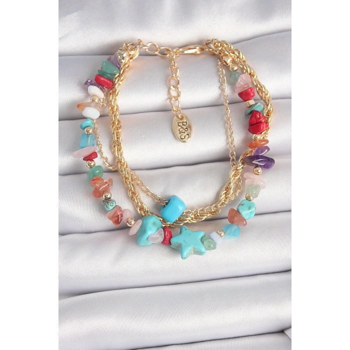 Pirinç Gold Renk Çoklu Renkli Çakıl Taşı Model Yıldız Figür Kadın Bileklik