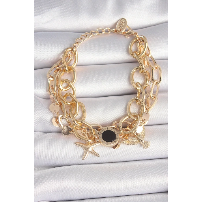 Pirinç Gold Renk Çoklu Zincir Model Deniz Yıldız Figür Kadın Bileklik