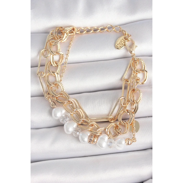 Pirinç Gold Renk Çoklu Zincir Model İncilli Zirkon Taş Detay Kadın Bileklik