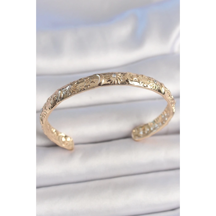 Pirinç Gold Renk İşlemeli Hilal Yıldız İşlemeli Model Zirkon Taş Detaylı Kadın Kelepçe