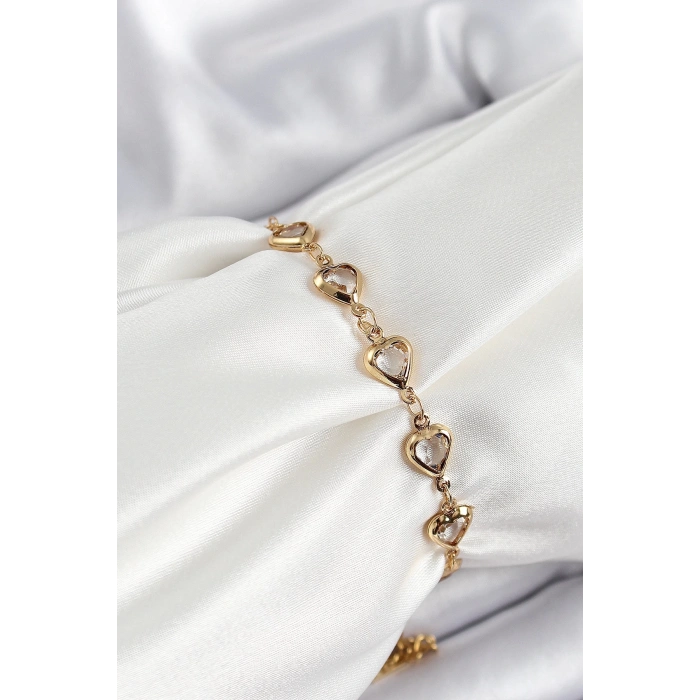 Pirinç Gold Renk Kalp Zirkon Taşlı Kadın Bileklik