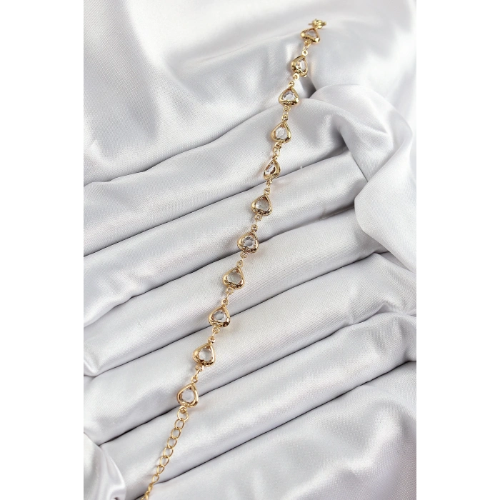 Pirinç Gold Renk Kalp Zirkon Taşlı Kadın Bileklik