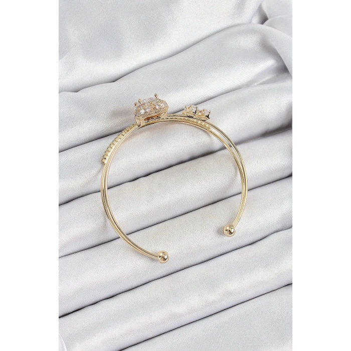 Pirinç Gold Renk Kalpli Zirkon Taşlı Kadın Bileklik