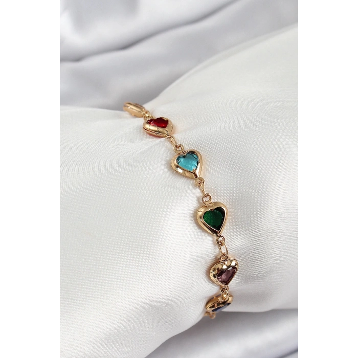 Pirinç Gold Renk Karışık Renk Kalp Zirkon Taşlı Kadın Bileklik