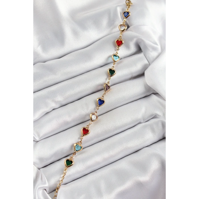 Pirinç Gold Renk Karışık Renk Kalp Zirkon Taşlı Kadın Bileklik