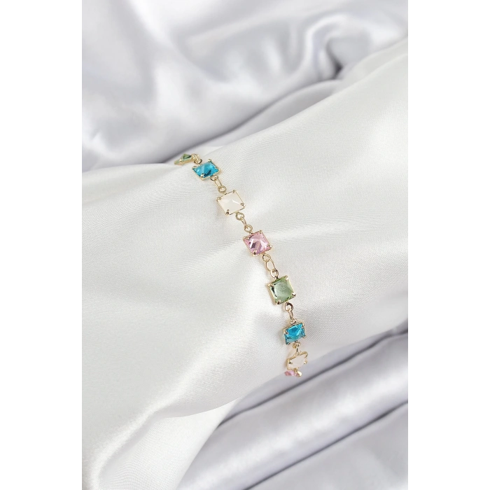 Pirinç Gold Renk Karışık Renk Kare Zirkon Taşlı Kadın Bileklik