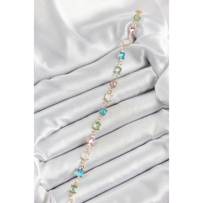 Pirinç Gold Renk Karışık Renk Kare Zirkon Taşlı Kadın Bileklik