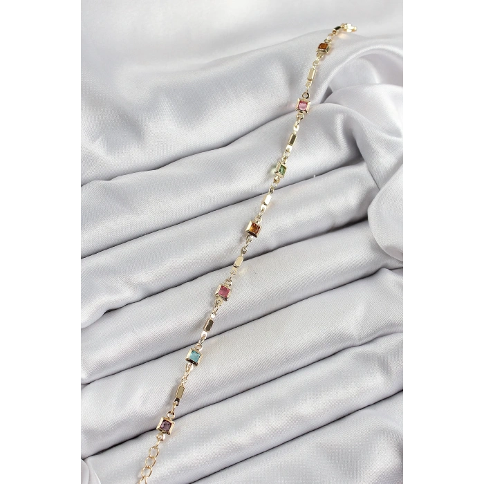 Pirinç Gold Renk Karışık Renkli Kare Zirkon Taşlı Kadın Bileklik