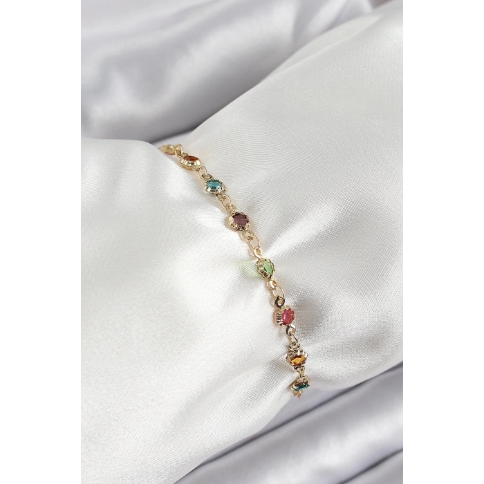 Pirinç Gold Renk Karışık Renkli Zirkon Taşlı Kadın Bileklik