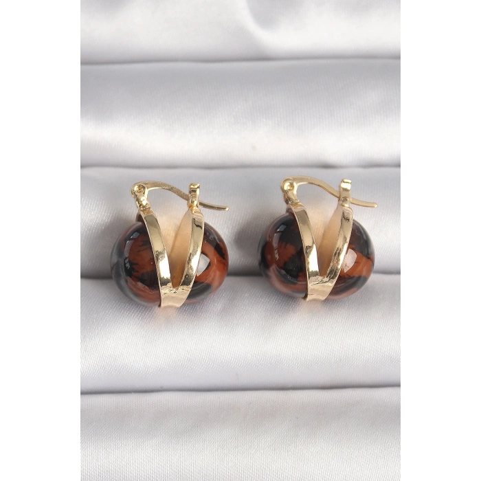 Pirinç Gold Renk Leopar Desen 3D Daire Model Kadın Küpe