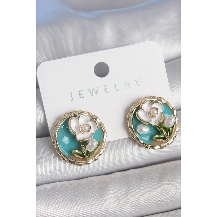 Pirinç Gold Renk Mavi Mineli İncili Çiçek İşlemeli Portre Model Kadın Küpe