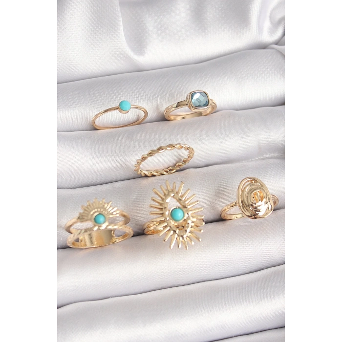 Pirinç Gold Renk Mavi Taşlı Göz Model Kare Zirkon Taşlı Kadın Yüzük Kombini