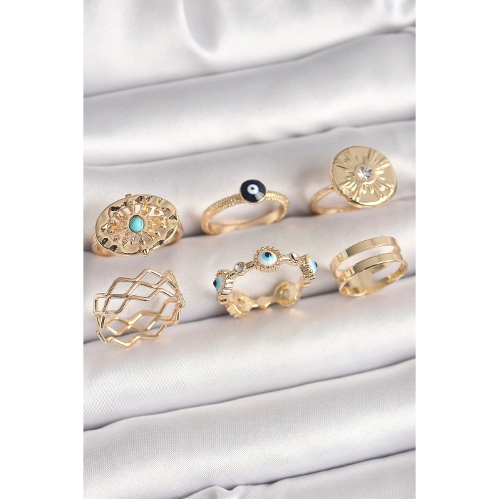 Pirinç Gold Renk Mavi Taşlı Zirkon Taş Detaylı Dalga Model Kadın Yüzük Kombini