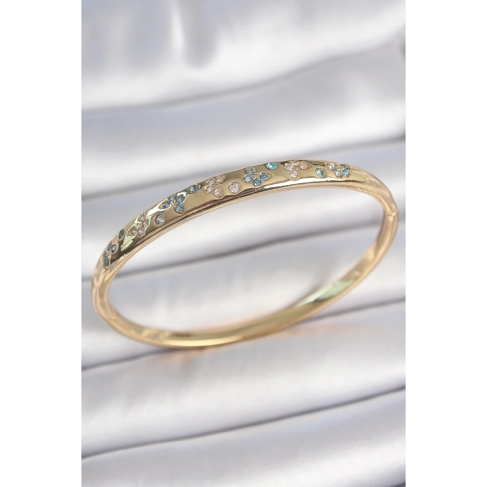 Pirinç Gold Renk Mavi Zirkon Taşlı Kelebek İşlemeli Kadın Kelepçe