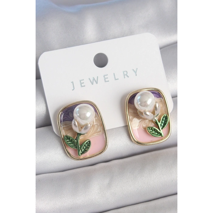 Pirinç Gold Renk Mix Renk Mineli İncili Çiçek Model Portre Model Kadın Küpe