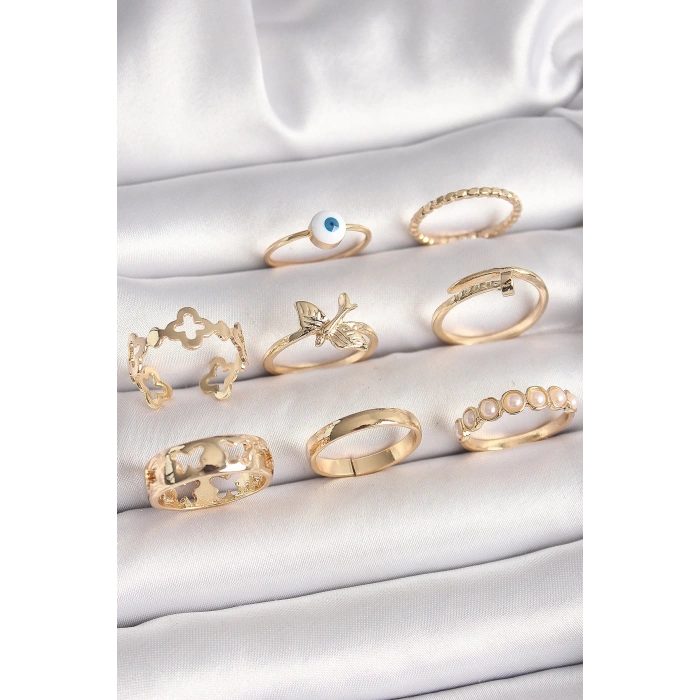Pirinç Gold Renk Nazar Boncuk Model Kuş Detay Kadın Yüzük Kombini