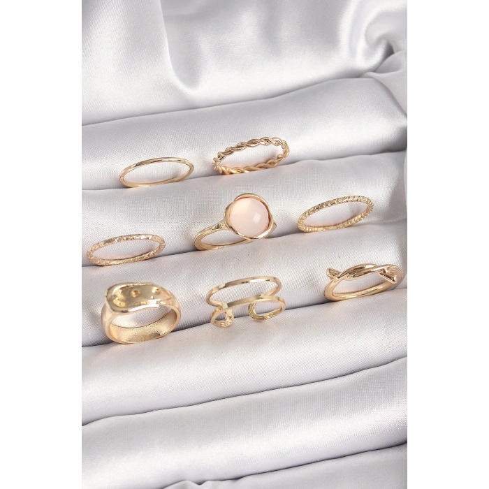 Pirinç Gold Renk Pembe Mineli Kemer Model Kadın Yüzük Kombini
