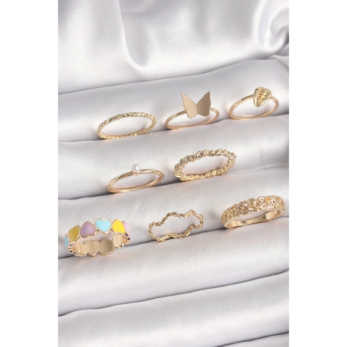 Pirinç Gold Renk Renkli Kalp Model İnci Detay Kadın Yüzük Kombini