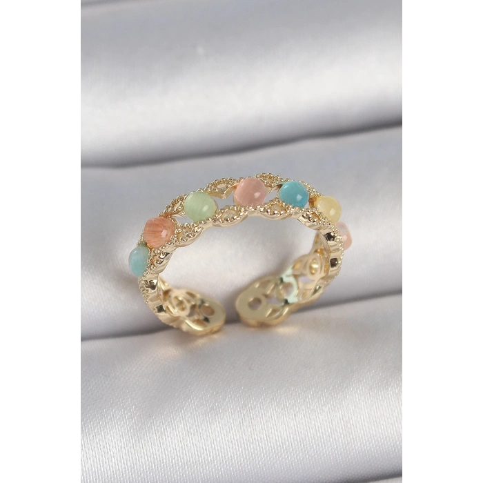 Pirinç Gold Renk Renkli Mineli Ayarlanabilir Model Kadın Yüzük