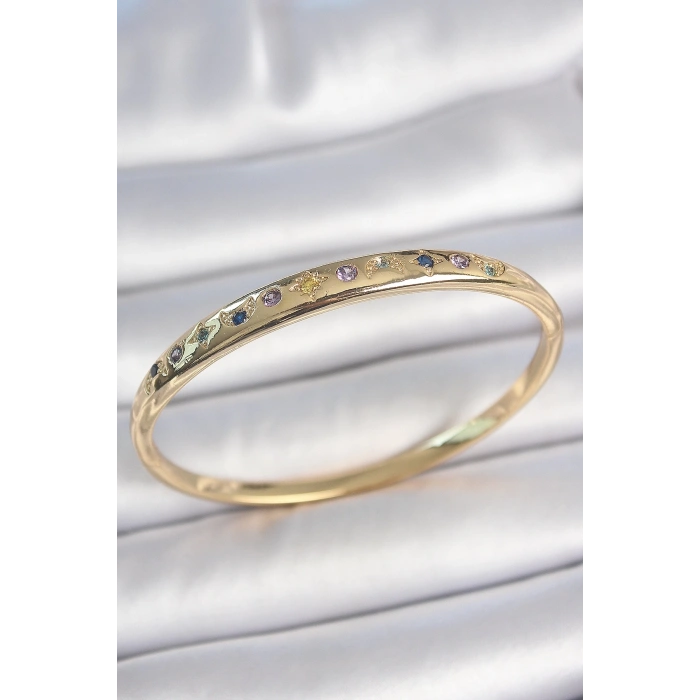 Pirinç Gold Renk Renkli Zirkon Taşlı Hilal Yıldız İşlemeli Kadın Kelepçe