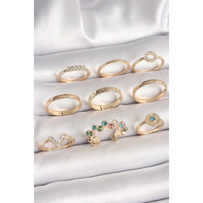 Pirinç Gold Renk Renkli Zirkon Taşlı Kadın Yüzük Kombini