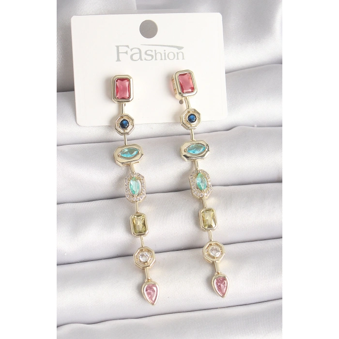 Pirinç Gold Renk Renkli Zirkon Taşlı Sallantı Model Kadın Küpe