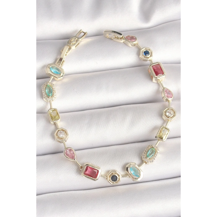 Pirinç Gold Renk Renkli Zirkon Taşlı VIP Seri Kadın Bileklik