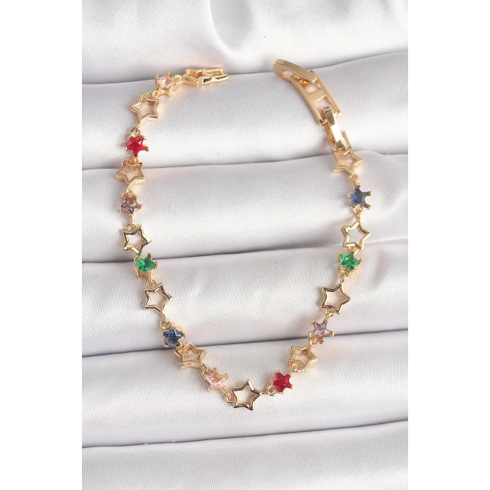 Pirinç Gold Renk Renkli Zirkon Taşlı Yıldız Model Kadın Bileklik