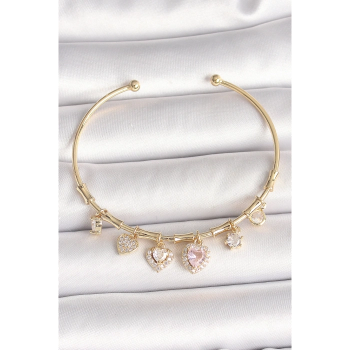 Pirinç Gold Renk Sallantı Pembe Zirkon Taşlı Kalp Figür Charm Kadın Bileklik