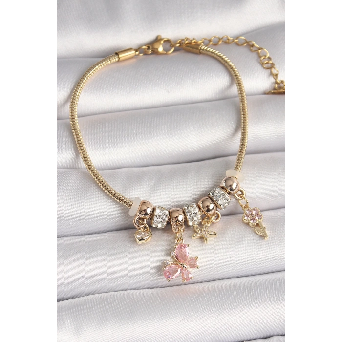 Pirinç Gold Renk Sallantı Pembe Zirkon Taşlı Kelebek Figür Çiçek Detay Charm Kadın Bileklik